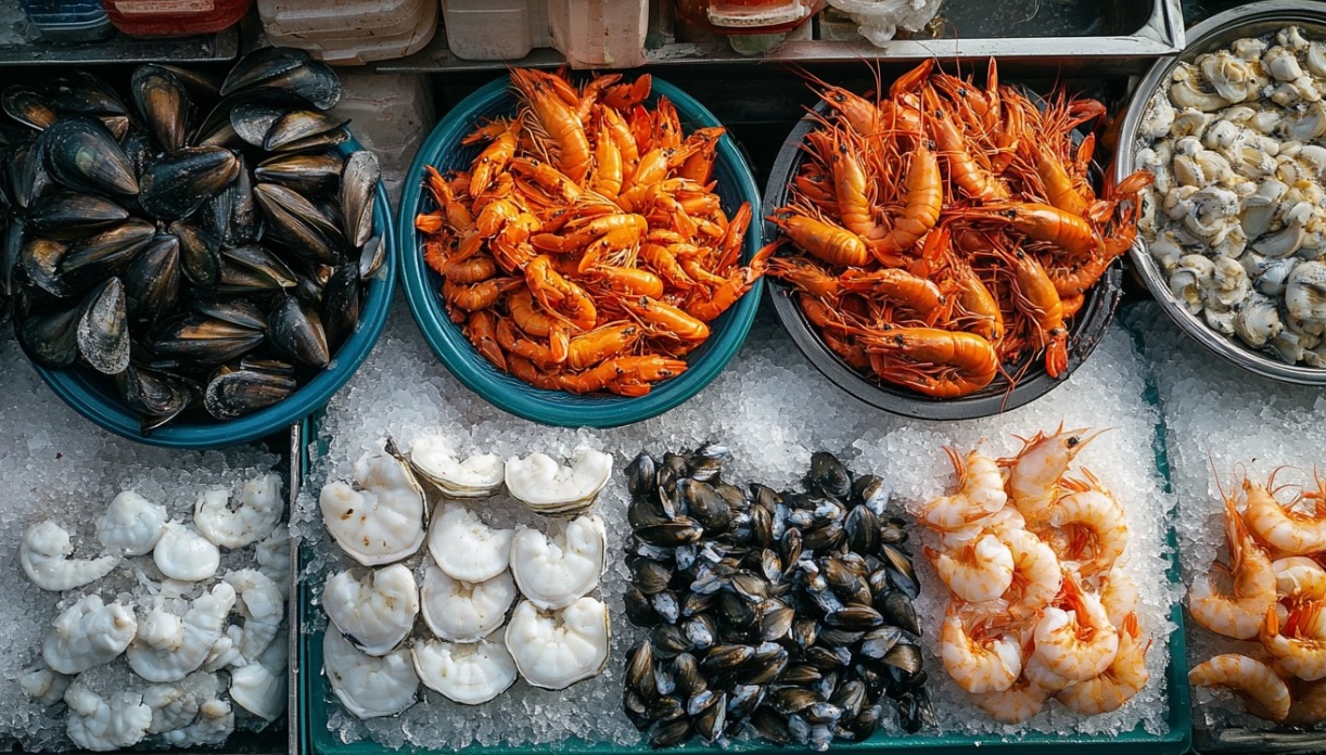 Gamberi, cozze, scaloppine e pesce fresco su ghiaccio in un ristorante di pesce
