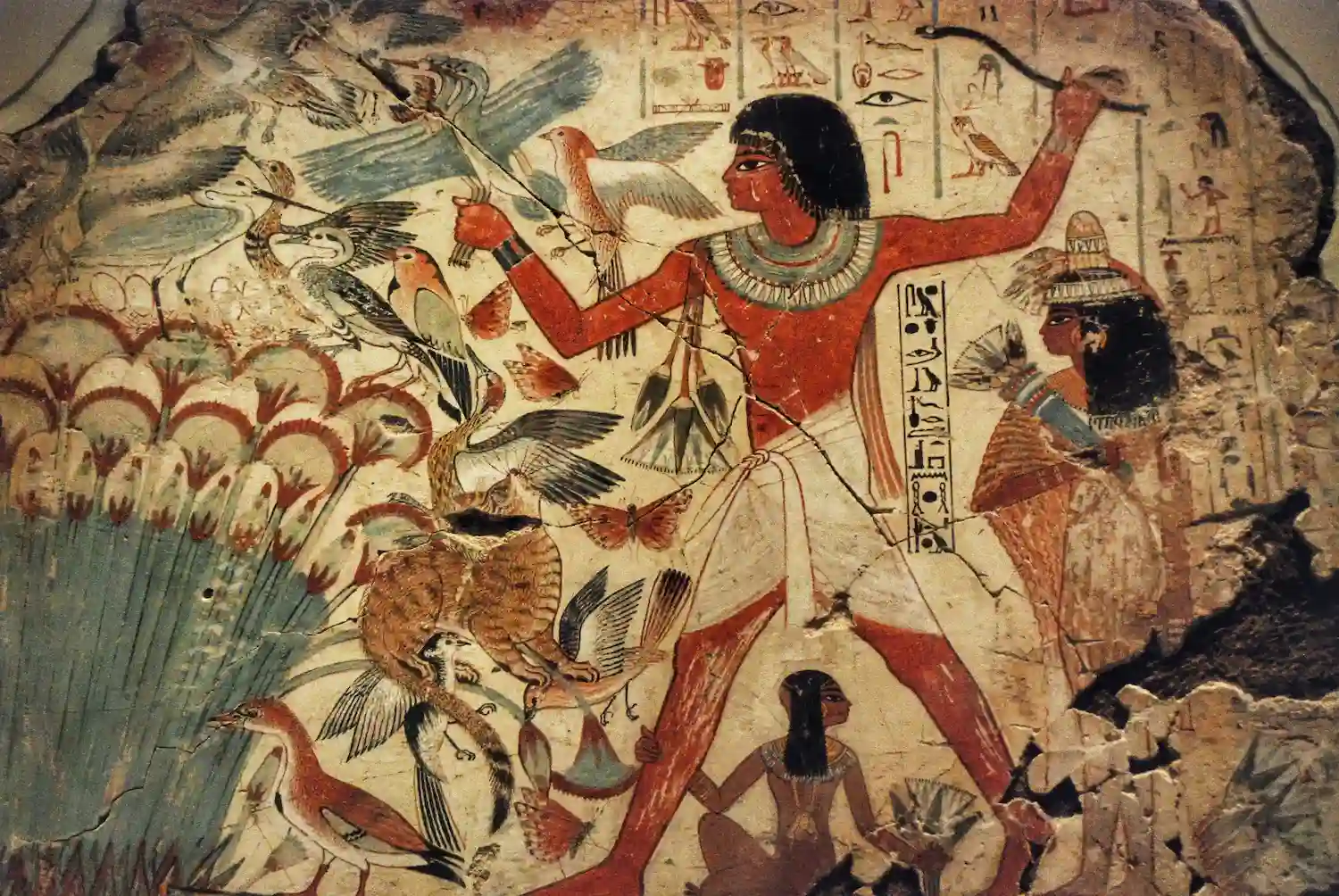 Jagdszene im alten Ägypten mit Vögeln und Wildtieren im Sumpf