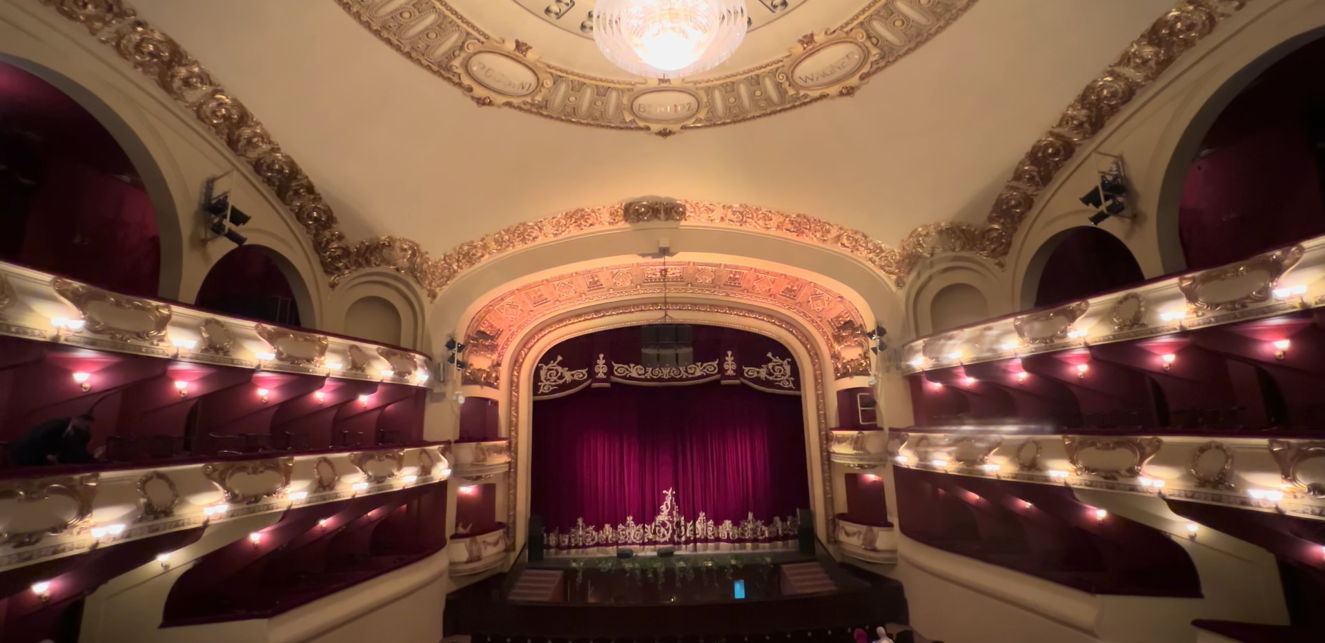 Ornate interior balconies and stage of Sayed Darwish Theatre in Alexandria.