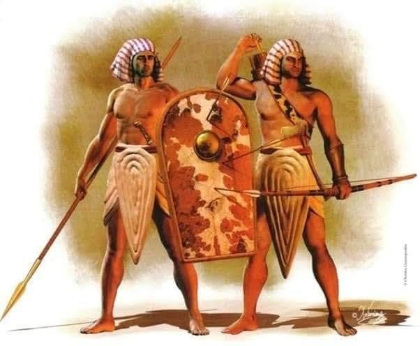 Illustration of two ancient Egyptian soldiers with a shield and spears