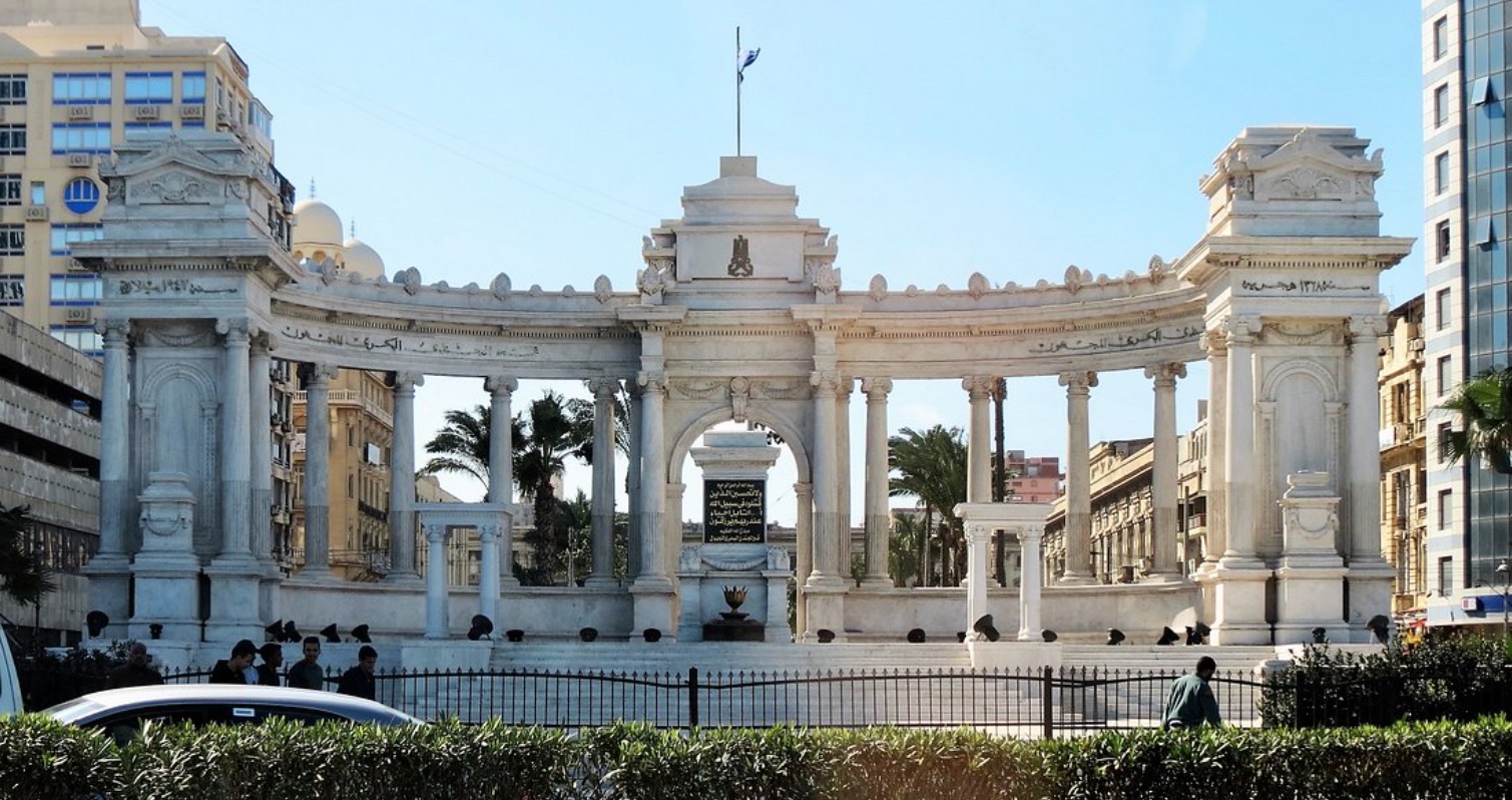 Grand white marble Naval Unknown Soldier Memorial monument in Alexandria, Egypt.