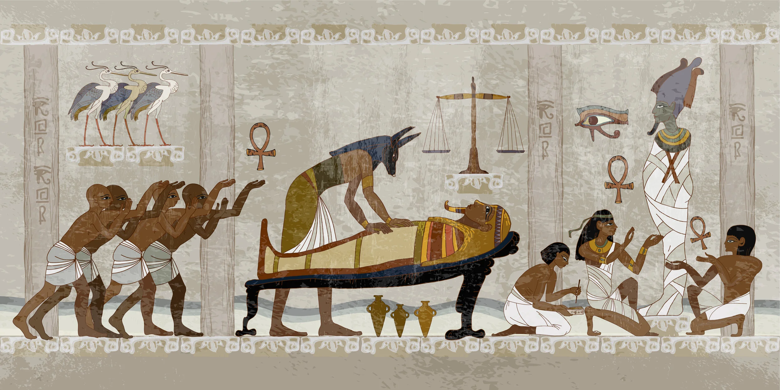 Ägyptisches Wandgemälde mit Anubis und Mummifizierungsriten.