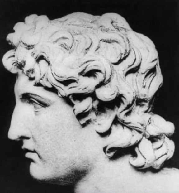• Vista de perfil del busto de mármol de Alejandro Magno del Museo de la Acrópolis.