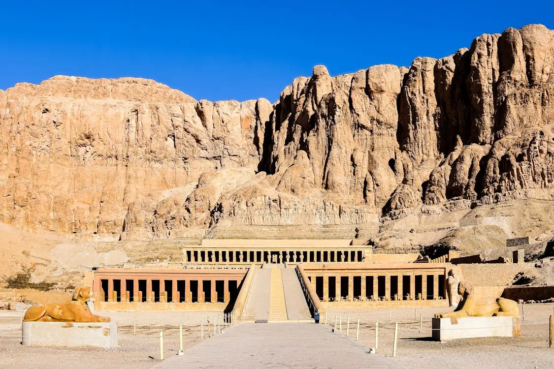 Iconic Temple of Hatshepsut in Luxor, Egypt, built into the desert cliffs