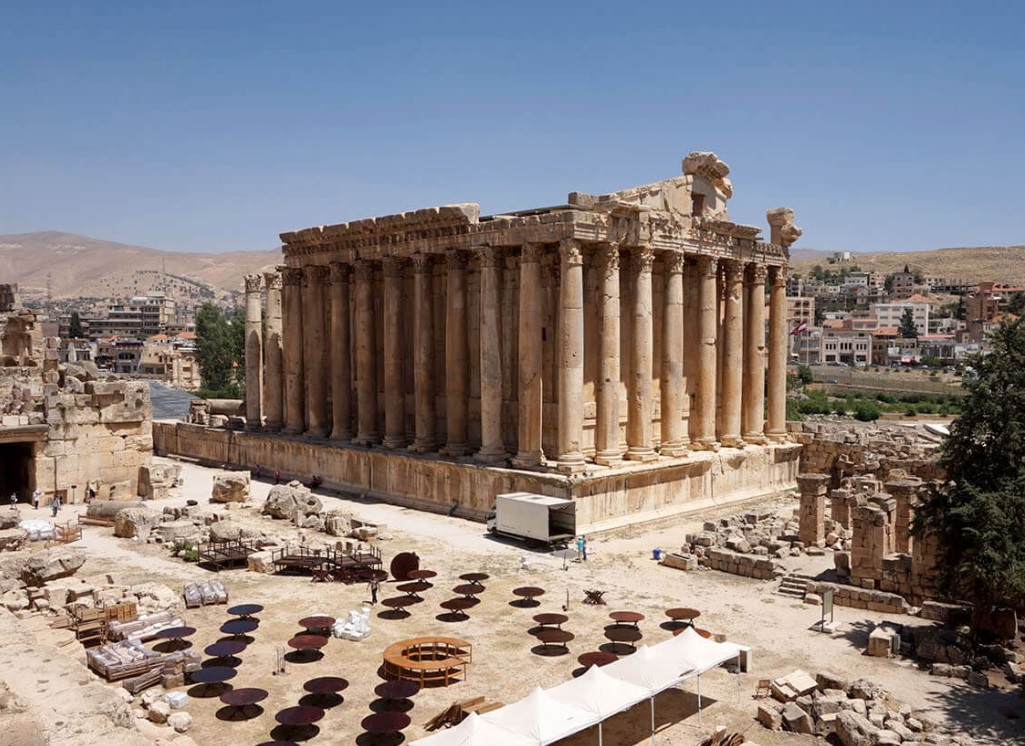 Well-preserved columns of the ancient Temple of Bacchus in Baalbek, Lebanon.