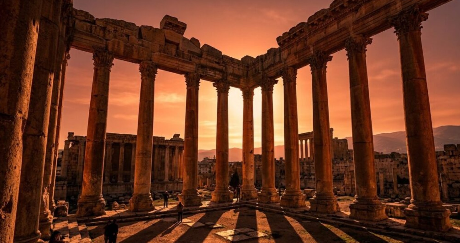Grand stone columns and long shadows of the Temple of Jupiter in Baalbek at sunset.