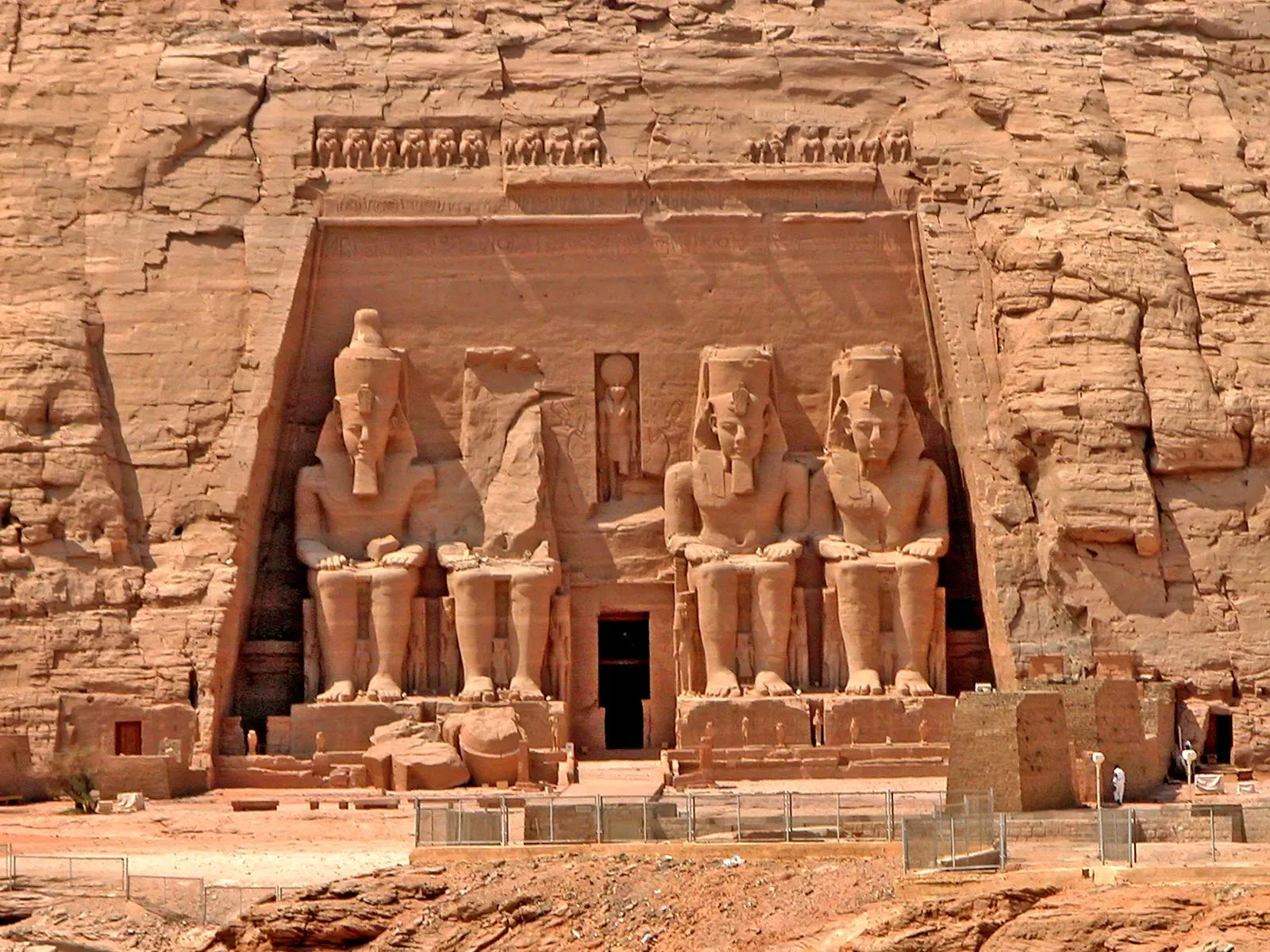 front façade of the Temple of Hathor at Abu Simbel featuring colossal statues of Queen Nefertari