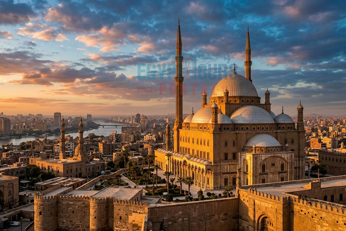 the Mosque of Muhammad Ali at the Cairo Citadel with a stunning panoramic view of Cairo