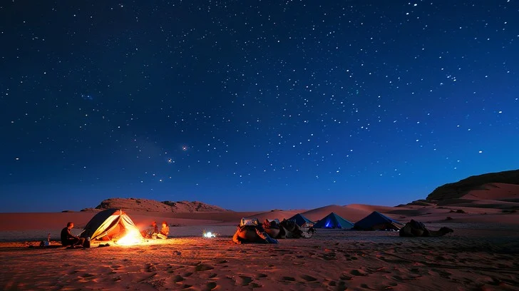 Camping bajo las estrellas en el desierto del Sahara, Egipto