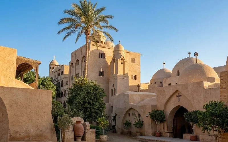Klostergebäude von Deir Anba Bishoy mit Kreuzkuppeln vor klarem blauem Himmel