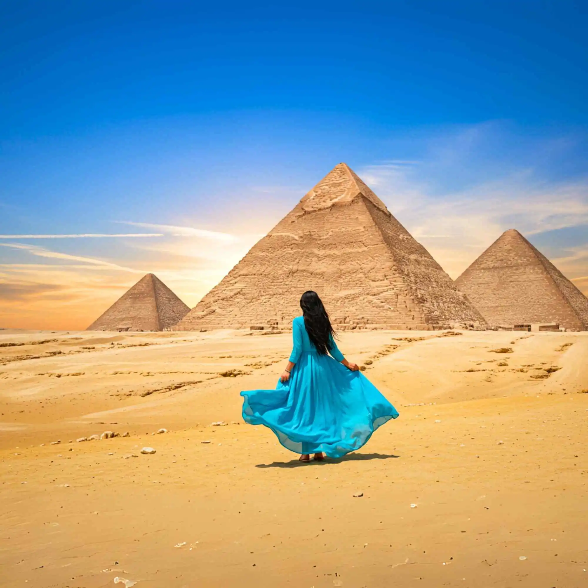 Woman in a blue dress facing the Giza Pyramids in Egypt