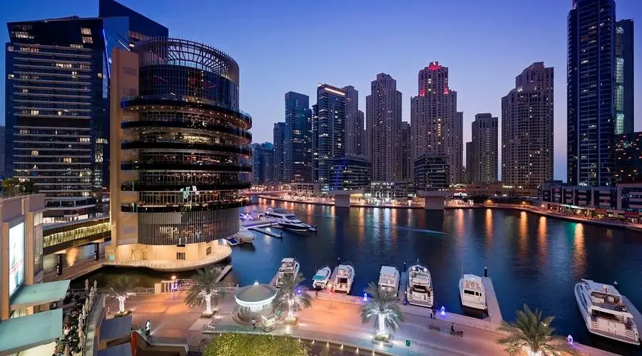 Beautiful view of Dubai Marina with waterfront buildings and boats