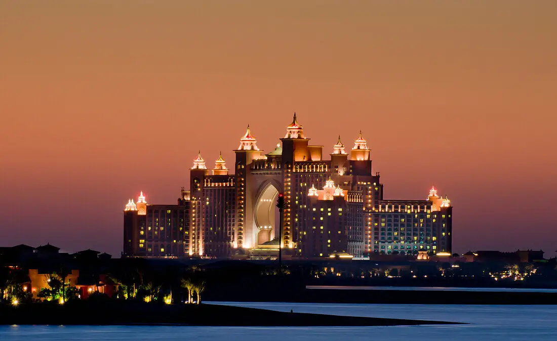 Palm Jumeirah island with Atlantis resort and Dubai coastline views