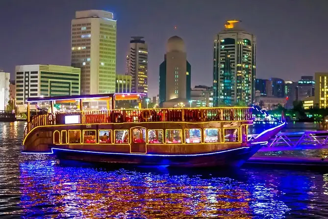 Dhow Cruise Dubai Marina night view with city lights