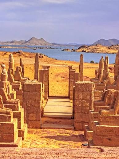 Ancient ruins of Kalabsha Temple with sandstone columns and Nubian architecture in Aswan, Egypt.