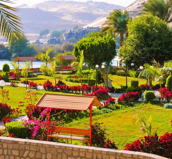 Bunte Blumenbeete und gepflegte Gartenanlagen im Botanischen Garten von Assuan