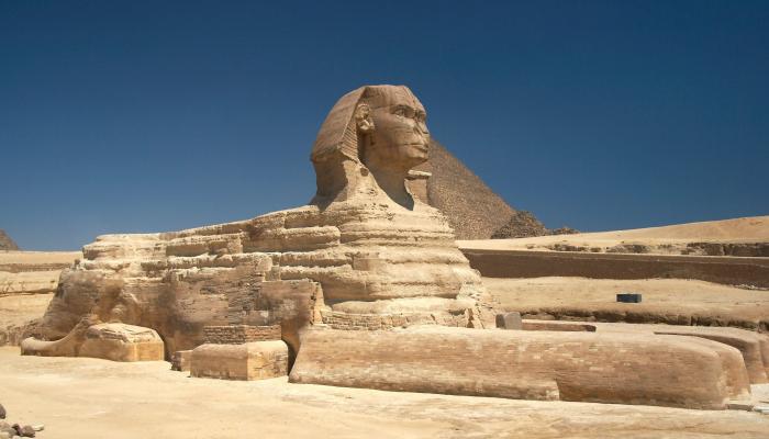 The Great Sphinx with the Pyramid of Khafre in Giza